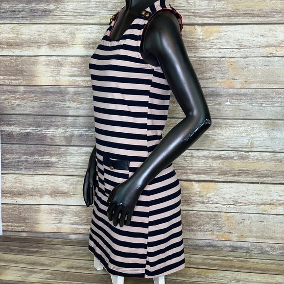 Monteau Navy Blue & Tan Striped Sailor Dress Women's Size Medium Mini Sleeveless - Picture 4 of 6